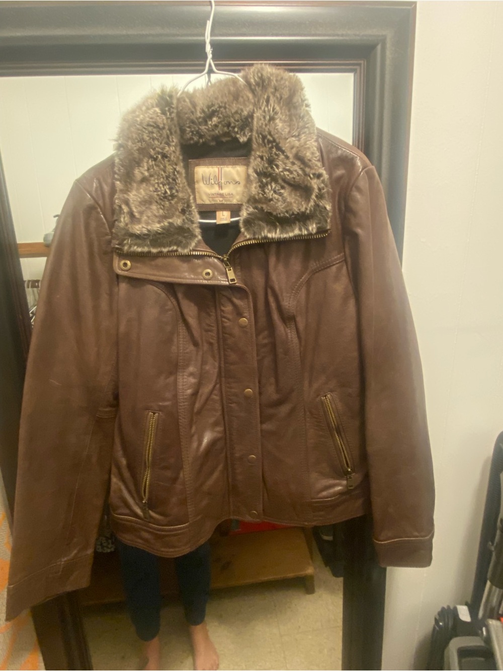 Vintage Brown Leather Jacket with Faux Fur Collar Trim